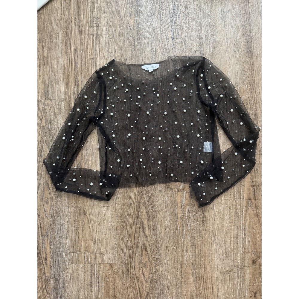 Veveret Black‎ Sheer Mesh Pearl Rhinestone Long Sleeve Crop Top Size M VB1000